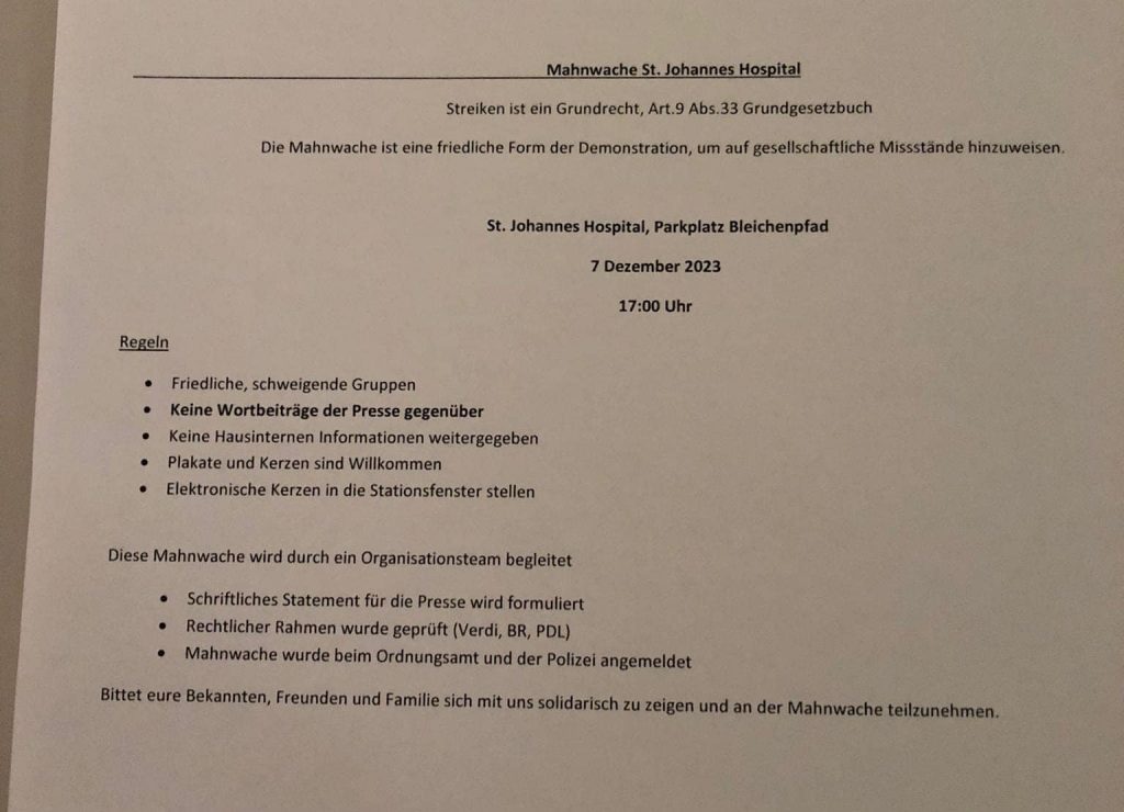 07.12.2023: Teilnahme an der Mahnwache für das St. Johannes Hospital